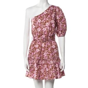 NEW Jason Wu One Shoulder Puff Sleeve Floral Belted Mini Dress Pink Tan Small